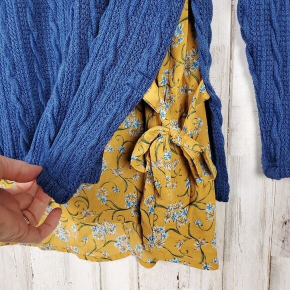 Suzanne Betro Floral Cable Knit Sweater Blue Yellow Size Small - Picture 6 of 10